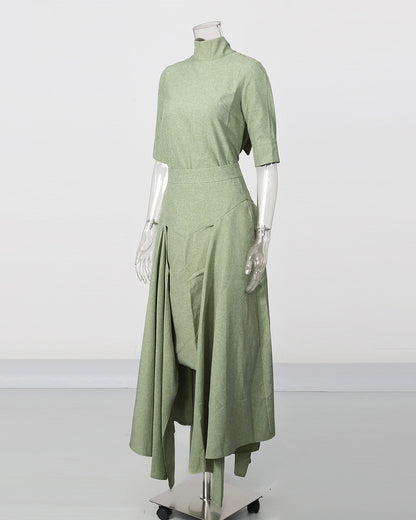 Green High Neck Half Sleeve Top Irregular Skirt Set
