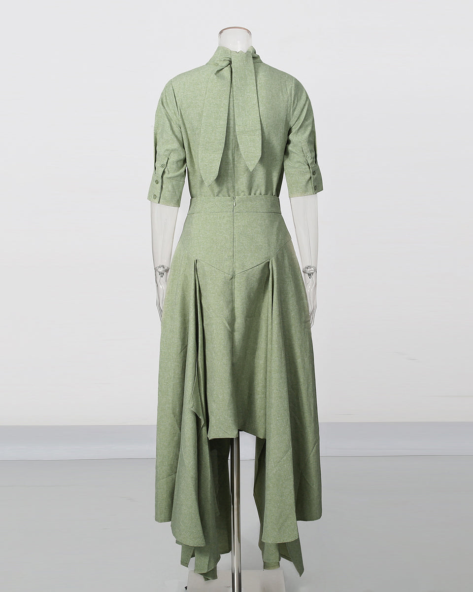 Green High Neck Half Sleeve Top Irregular Skirt Set