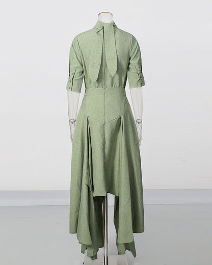 Green High Neck Half Sleeve Top Irregular Skirt Set