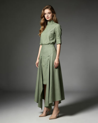 Green High Neck Half Sleeve Top Irregular Skirt Set