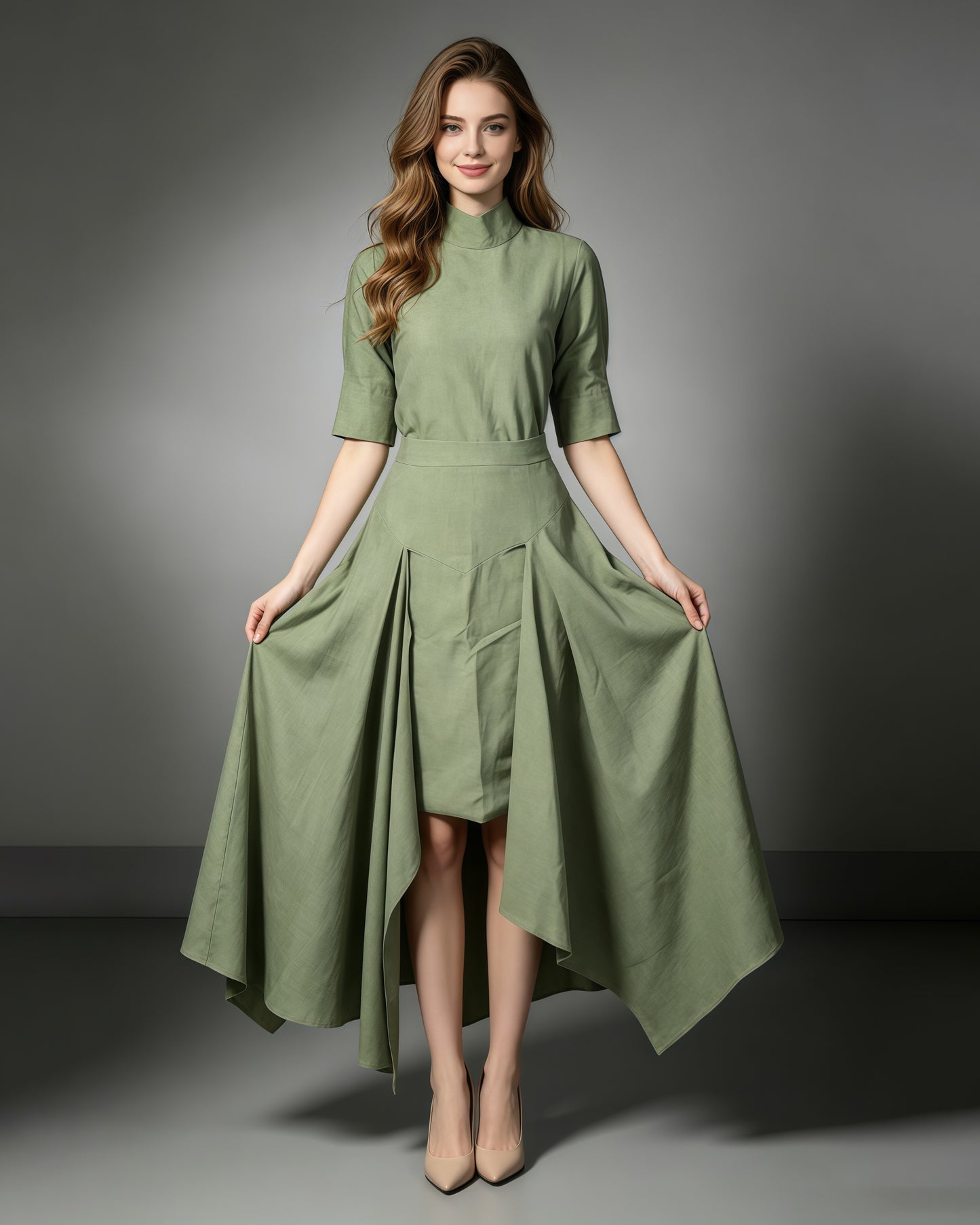 Green High Neck Half Sleeve Top Irregular Skirt Set