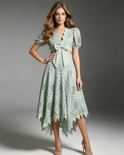 Green Lace Bow Crop Top Midi Skirt Set