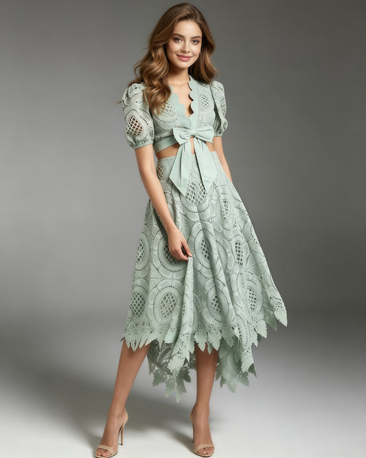 Green Lace Bow Crop Top Midi Skirt Set