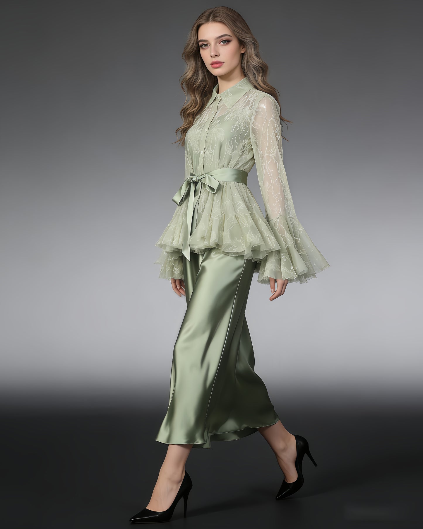 Green Lace Shirt & Satin Dress Two-Piece Set