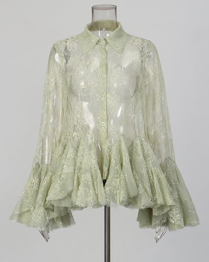 Green Lace Shirt & Satin Dress Two-Piece Set