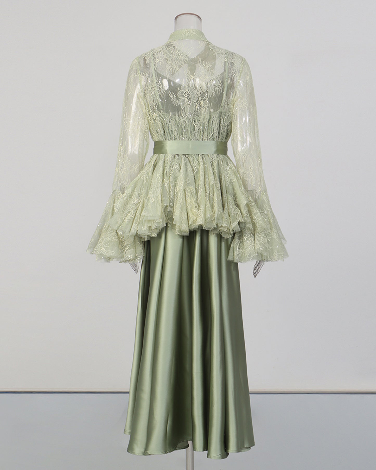 Green Lace Shirt & Satin Dress Two-Piece Set