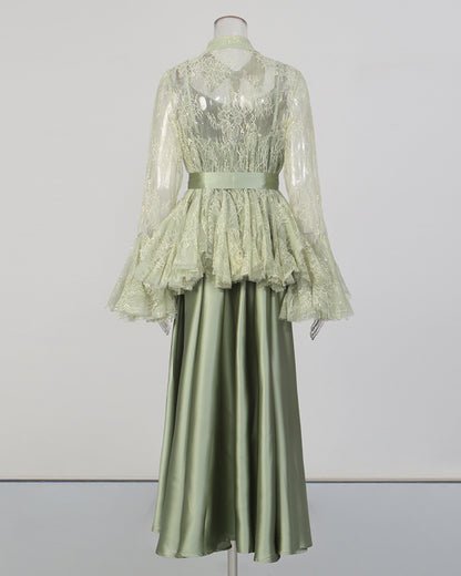 Green Lace Shirt & Satin Dress Two-Piece Set