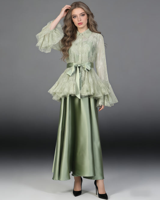 Green Lace Shirt & Satin Dress Two-Piece Set