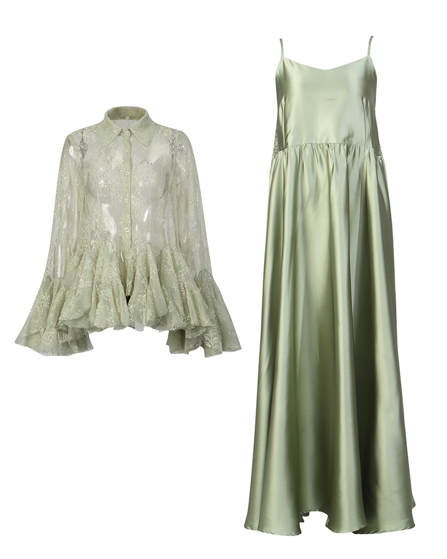 Green Lace Shirt & Satin Dress Two-Piece Set