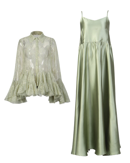 Green Lace Shirt & Satin Dress Two-Piece Set