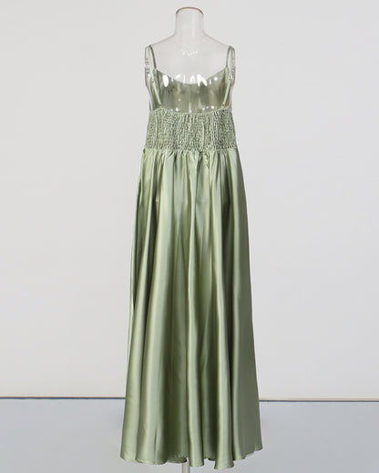 Green Lace Shirt & Satin Dress Two-Piece Set