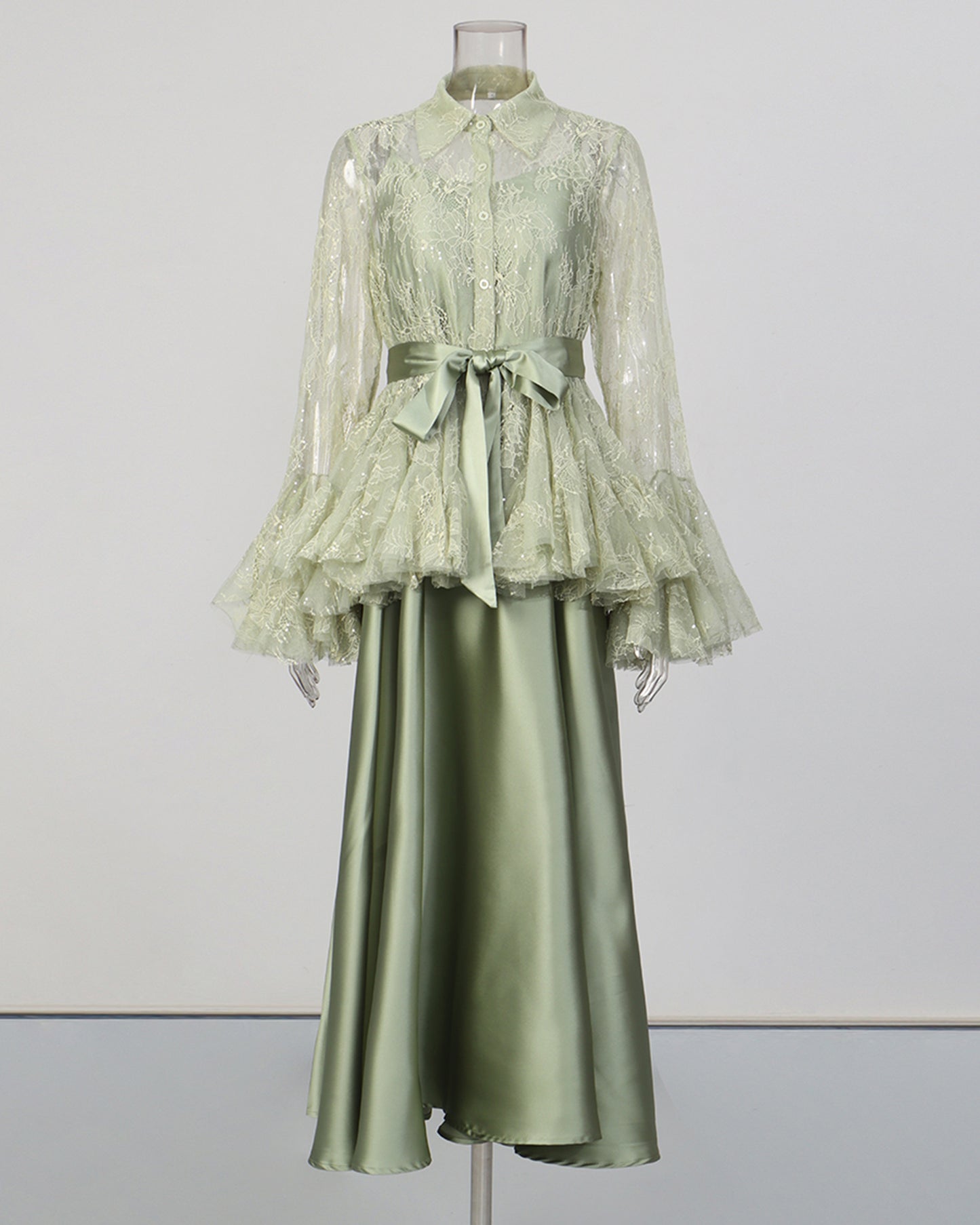 Green Lace Shirt & Satin Dress Two-Piece Set