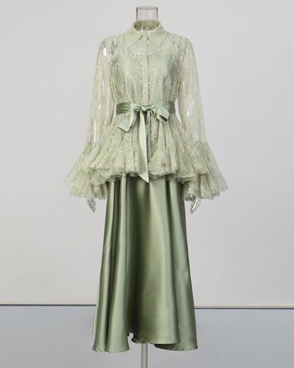 Green Lace Shirt & Satin Dress Two-Piece Set