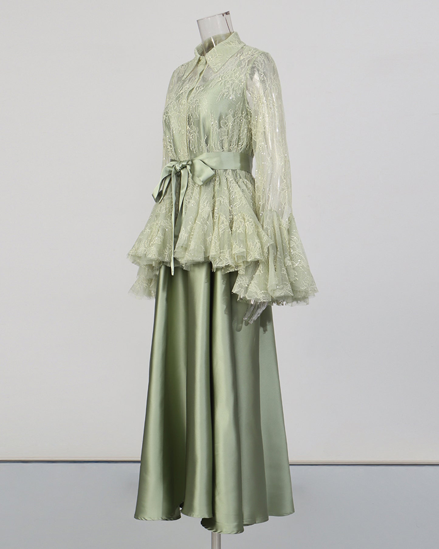 Green Lace Shirt & Satin Dress Two-Piece Set