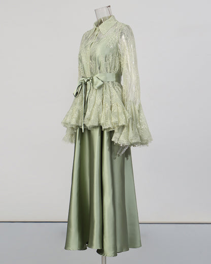 Green Lace Shirt & Satin Dress Two-Piece Set