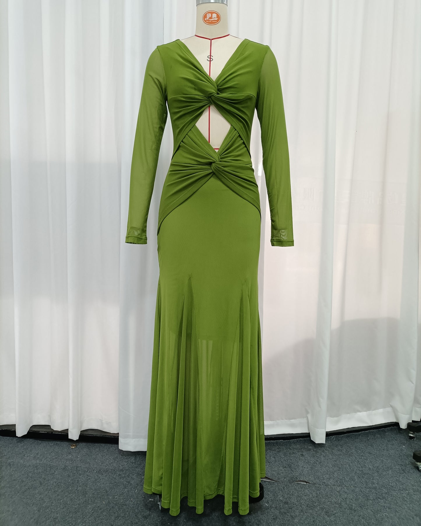 Green Mesh Long Sleeve Twisted Cutout Maxi Dress