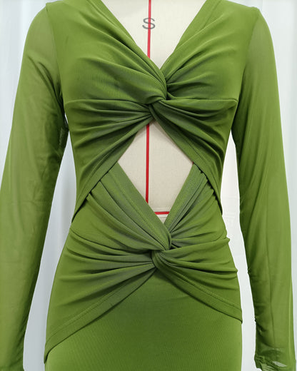 Green Mesh Long Sleeve Twisted Cutout Maxi Dress