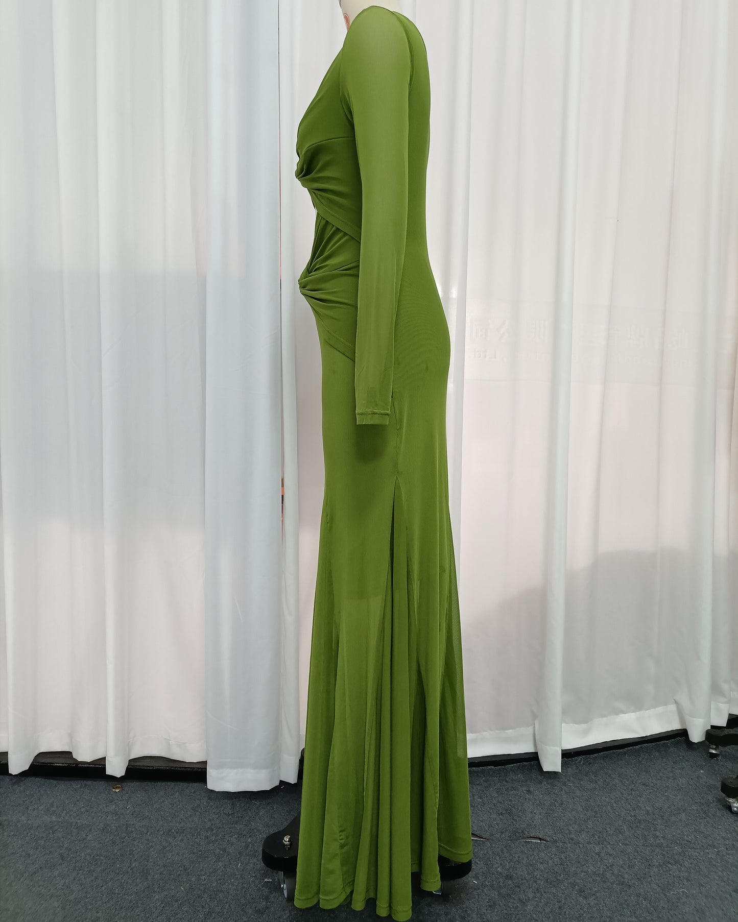 Green Mesh Long Sleeve Twisted Cutout Maxi Dress