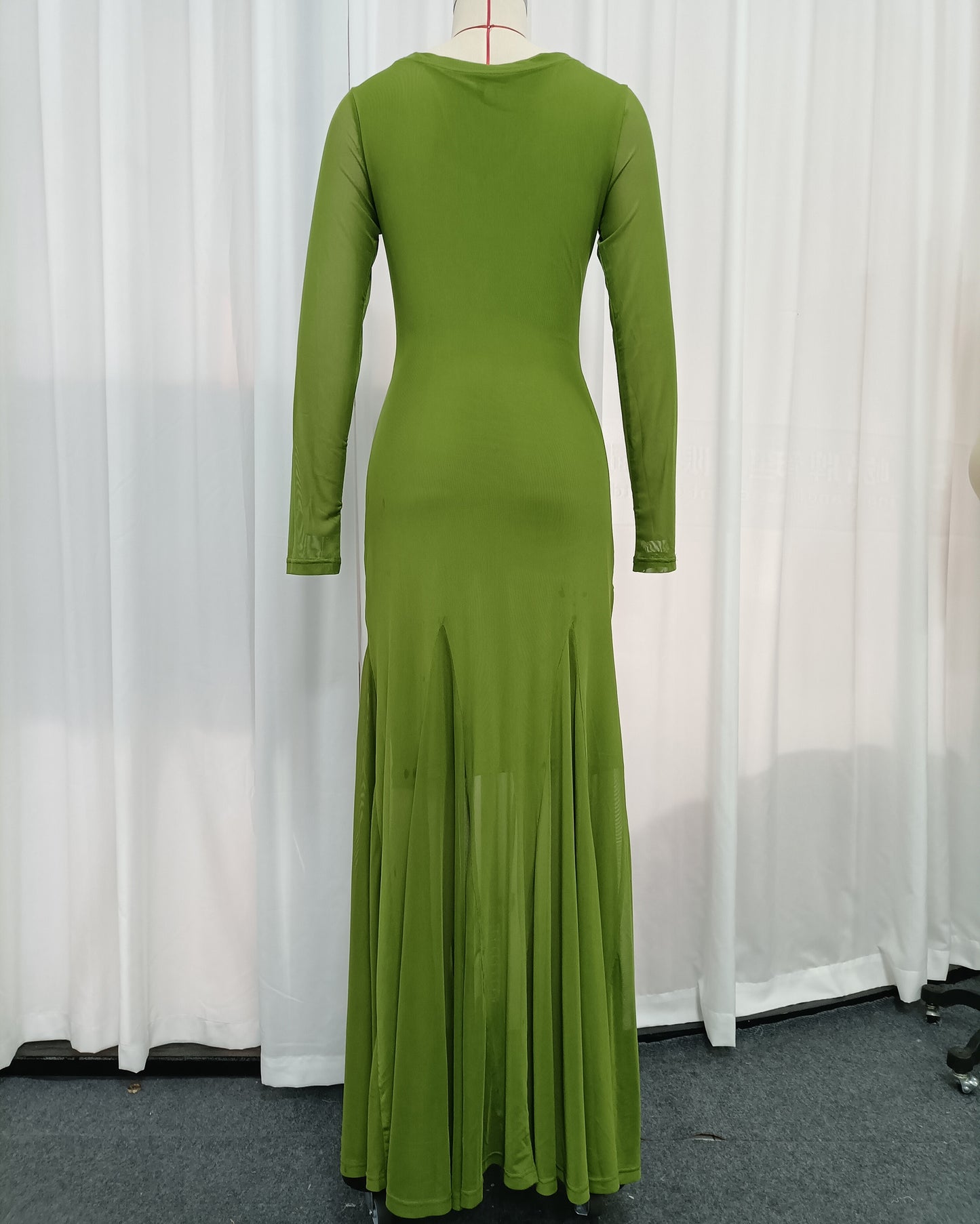 Green Mesh Long Sleeve Twisted Cutout Maxi Dress
