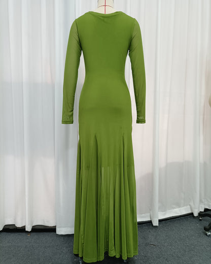 Green Mesh Long Sleeve Twisted Cutout Maxi Dress
