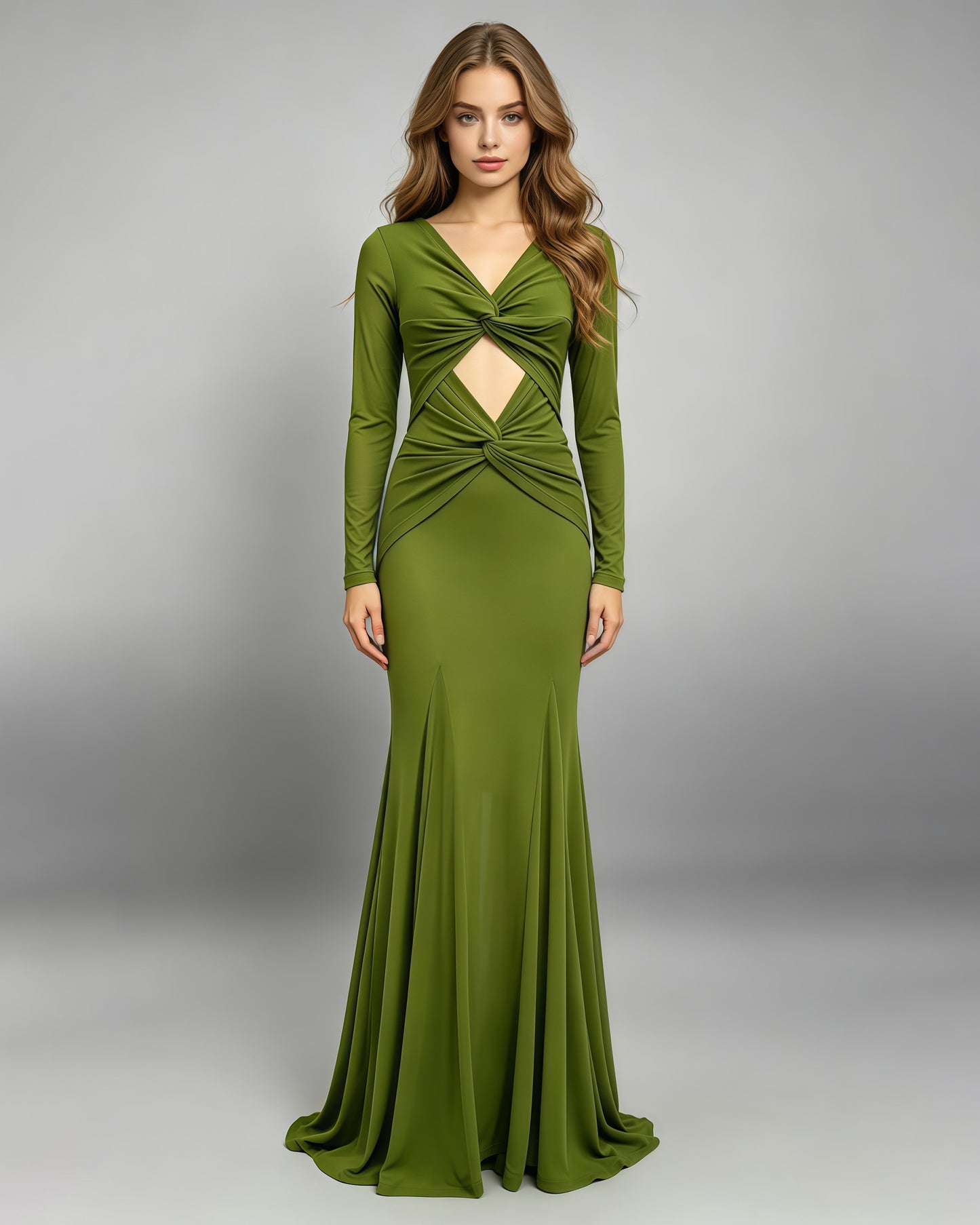 Green Mesh Long Sleeve Twisted Cutout Maxi Dress