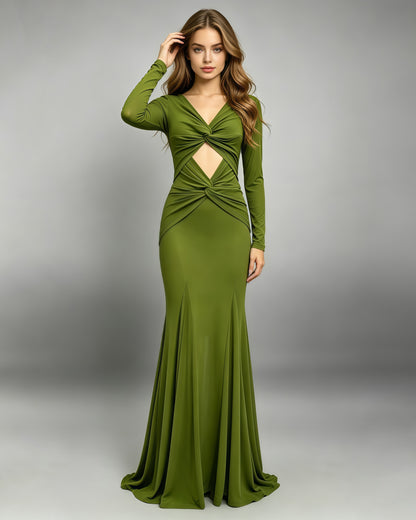 Green Mesh Long Sleeve Twisted Cutout Maxi Dress