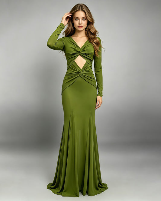 Green Mesh Long Sleeve Twisted Cutout Maxi Dress