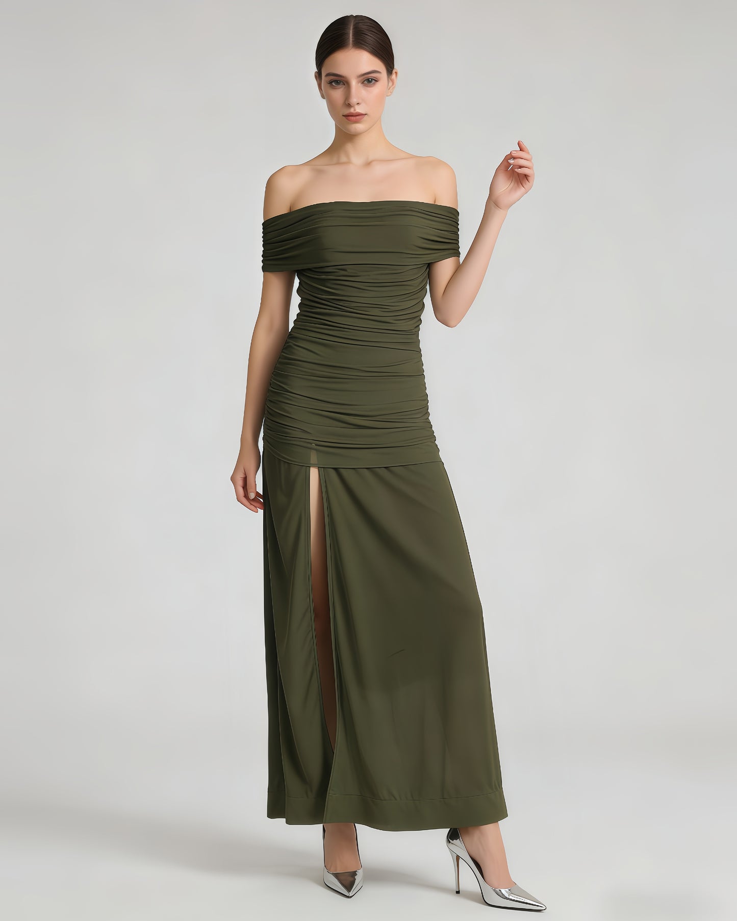 Green Off-Shoulder Ruched Mesh Maxi Dress