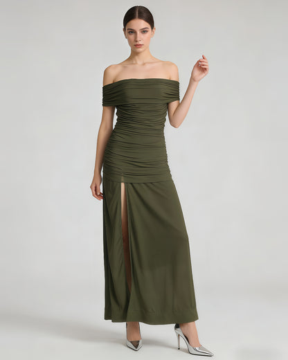 Green Off-Shoulder Ruched Mesh Maxi Dress