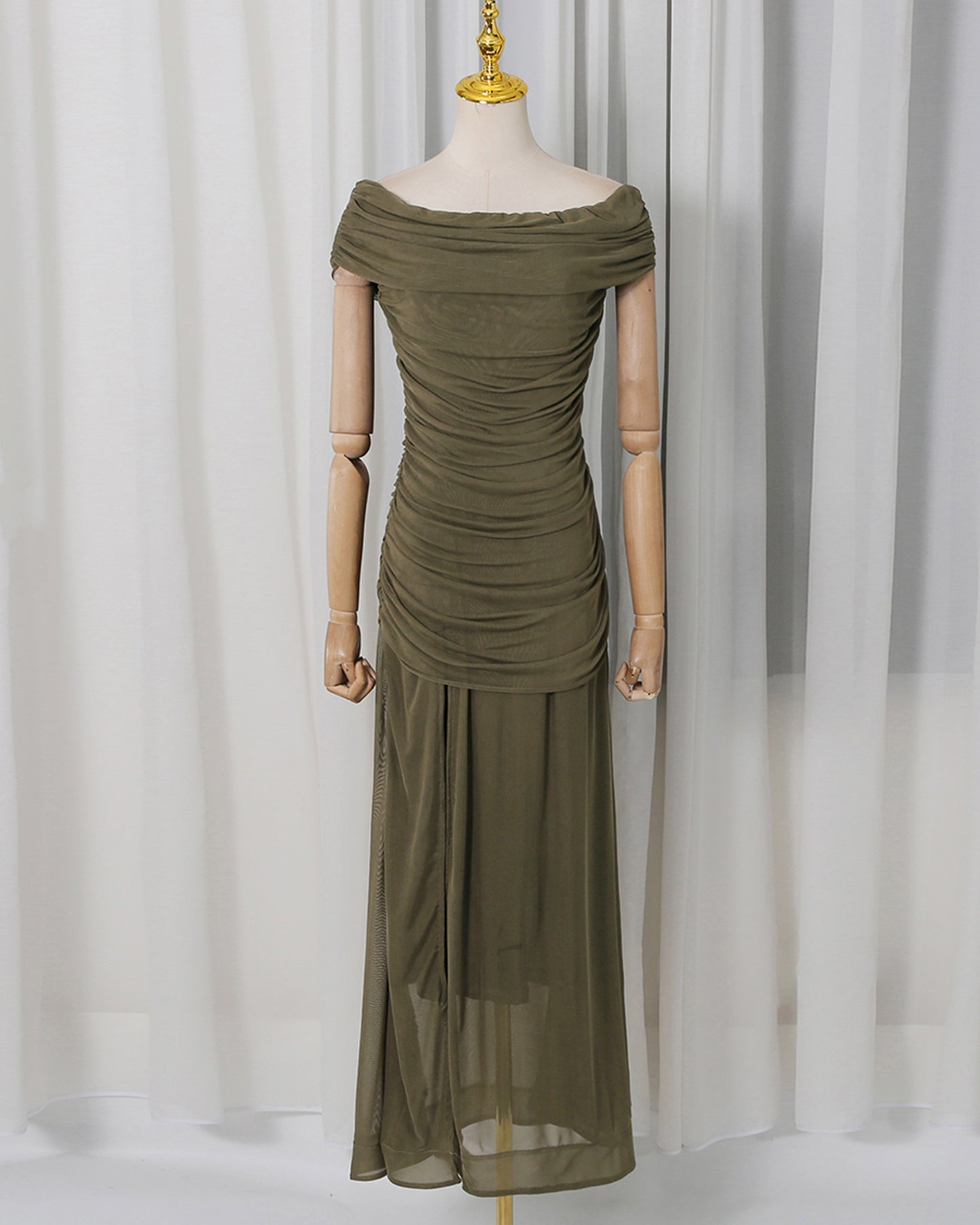 Green Off-Shoulder Ruched Mesh Maxi Dress