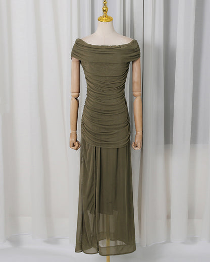Green Off-Shoulder Ruched Mesh Maxi Dress