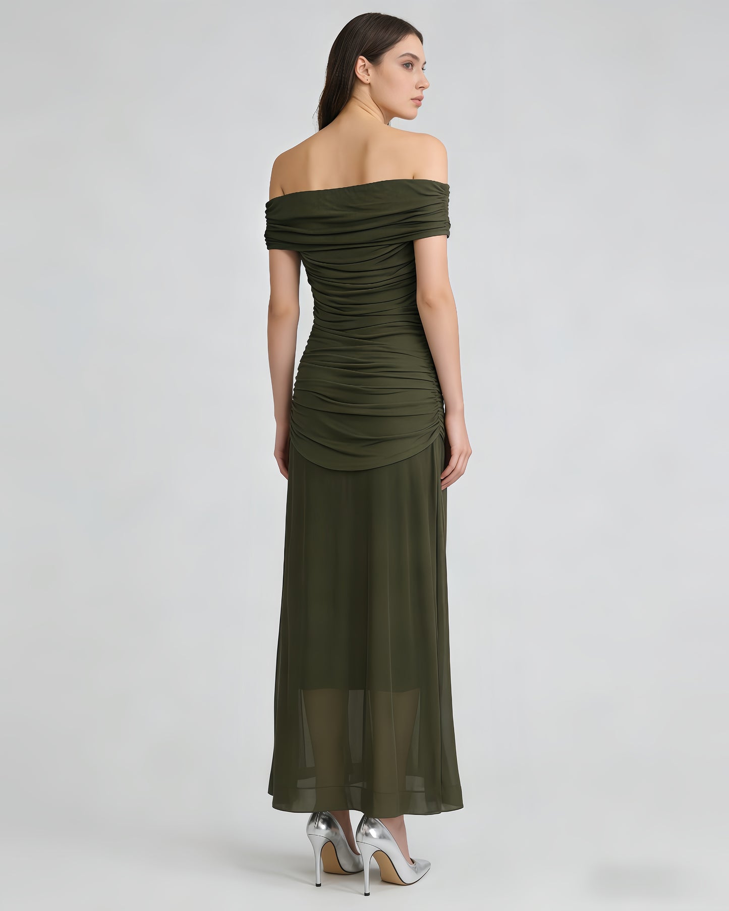 Green Off-Shoulder Ruched Mesh Maxi Dress