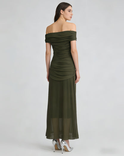 Green Off-Shoulder Ruched Mesh Maxi Dress