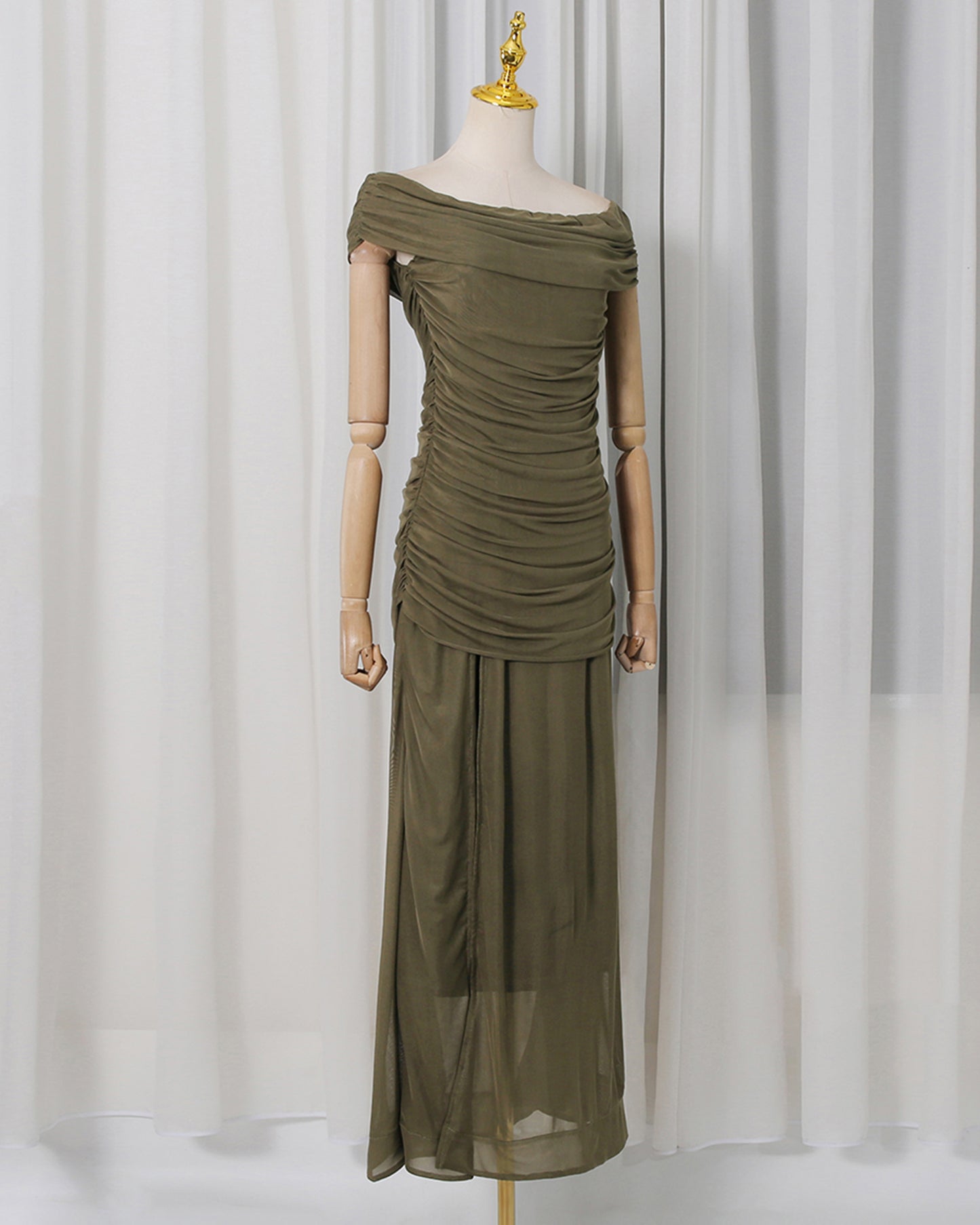 Green Off-Shoulder Ruched Mesh Maxi Dress