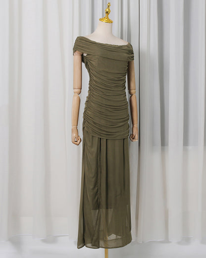 Green Off-Shoulder Ruched Mesh Maxi Dress