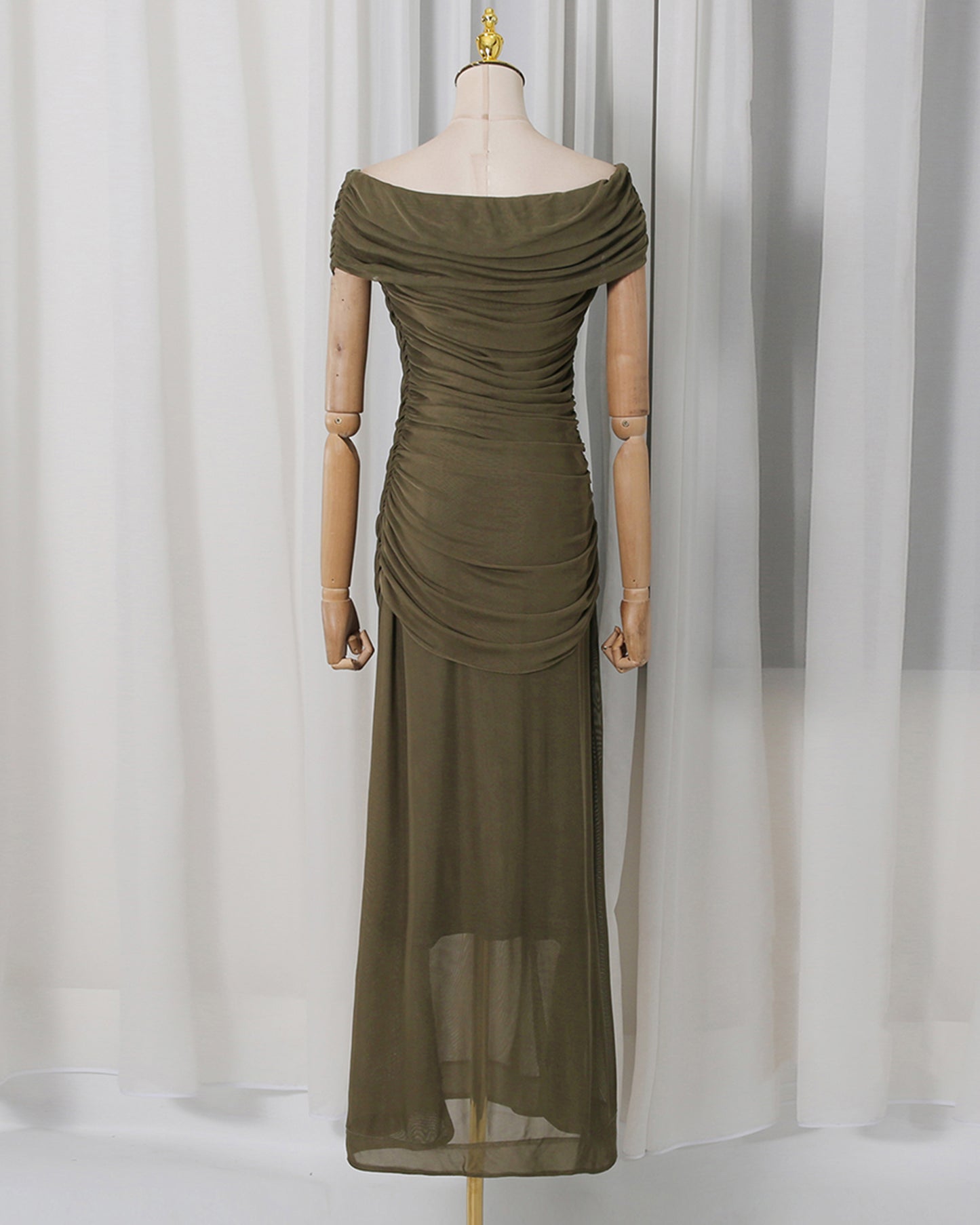 Green Off-Shoulder Ruched Mesh Maxi Dress