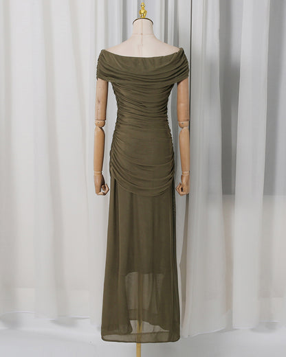 Green Off-Shoulder Ruched Mesh Maxi Dress