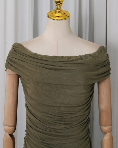 Green Off-Shoulder Ruched Mesh Maxi Dress