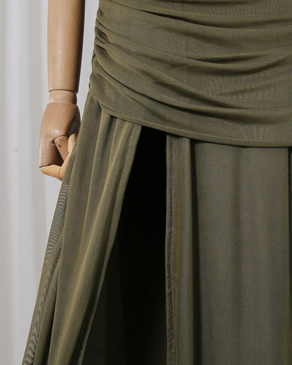 Green Off-Shoulder Ruched Mesh Maxi Dress