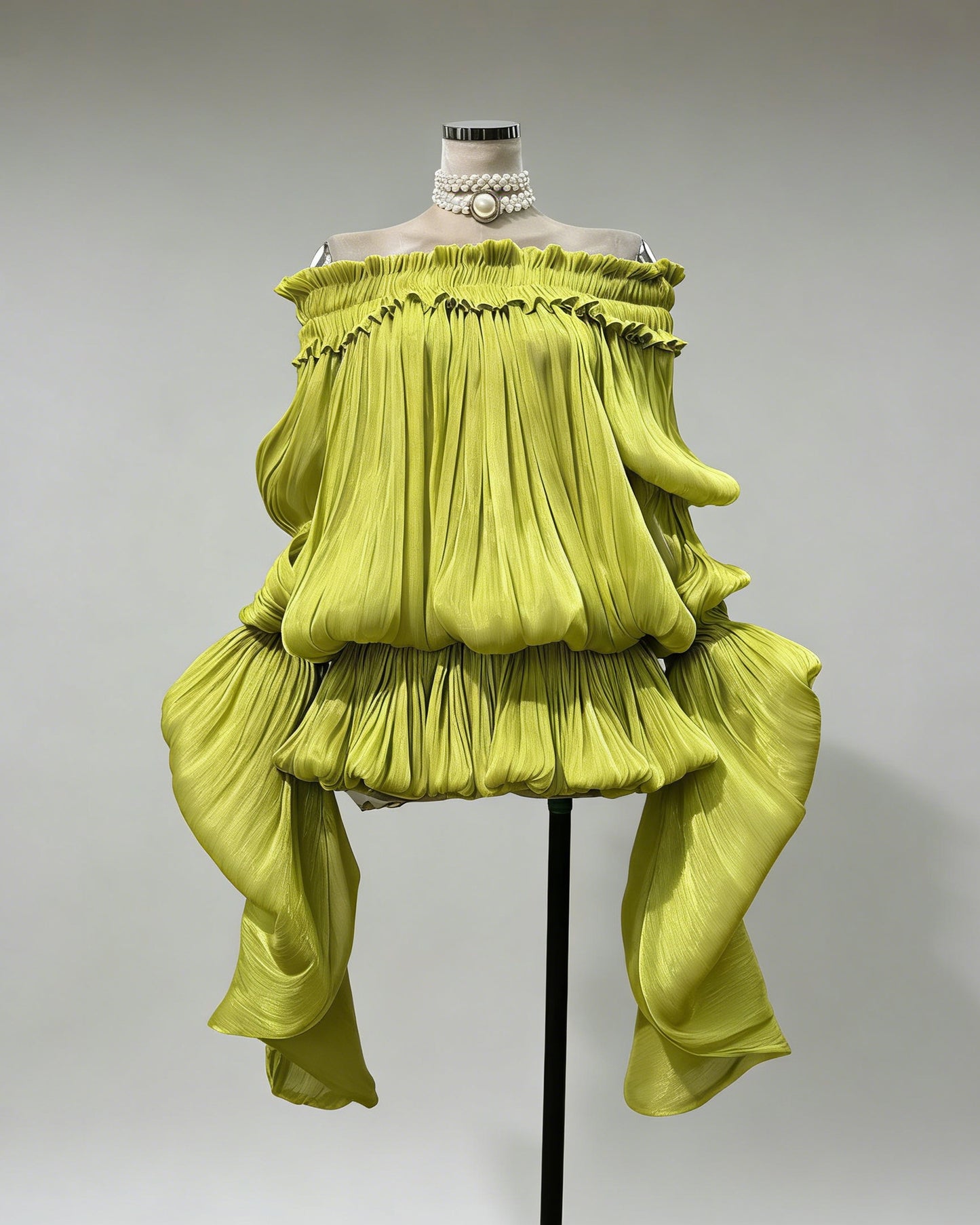 Green Off-Shoulder Ruched Puff Sleeve Mini Dress