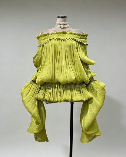 Green Off-Shoulder Ruched Puff Sleeve Mini Dress