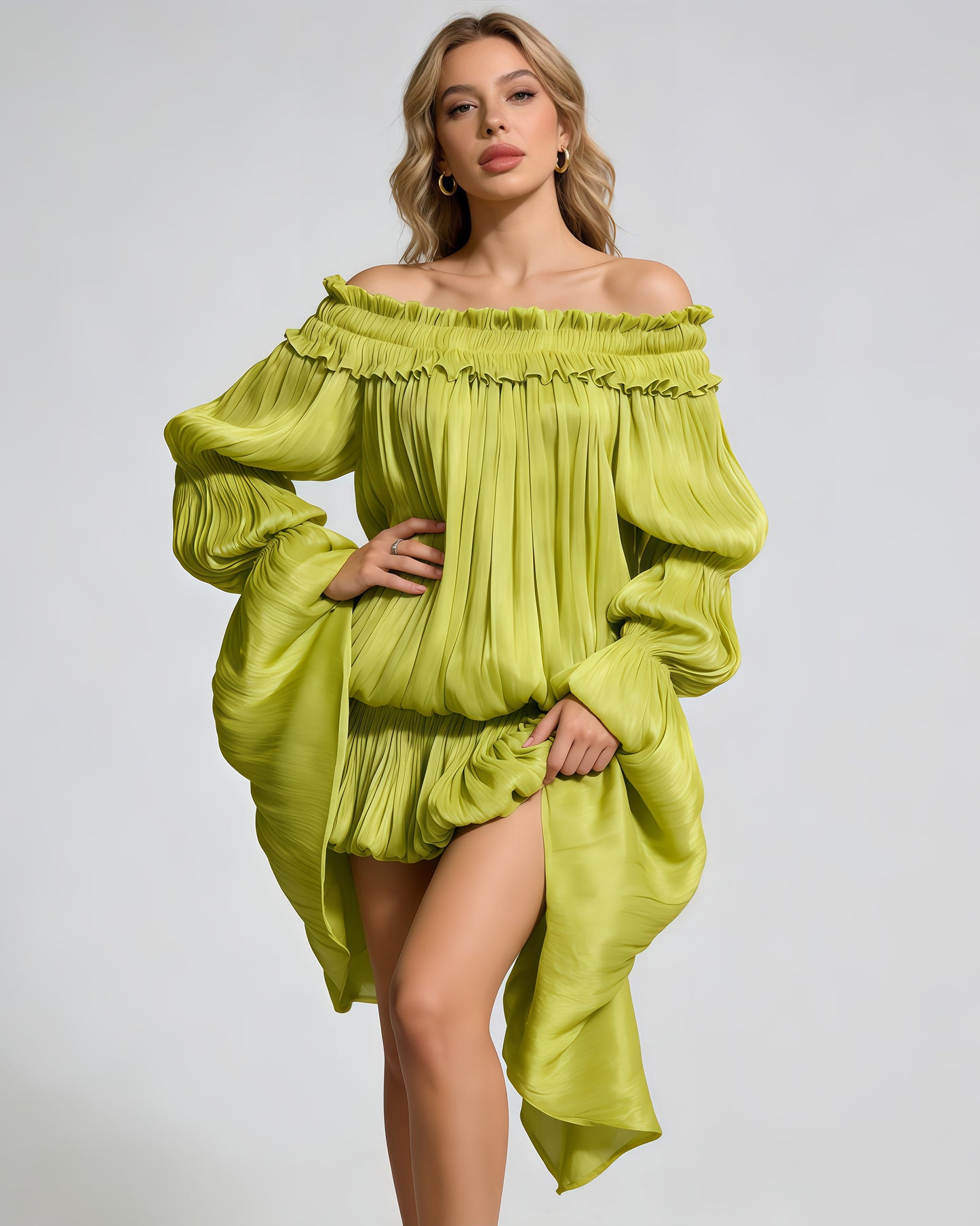 Green Off-Shoulder Ruched Puff Sleeve Mini Dress