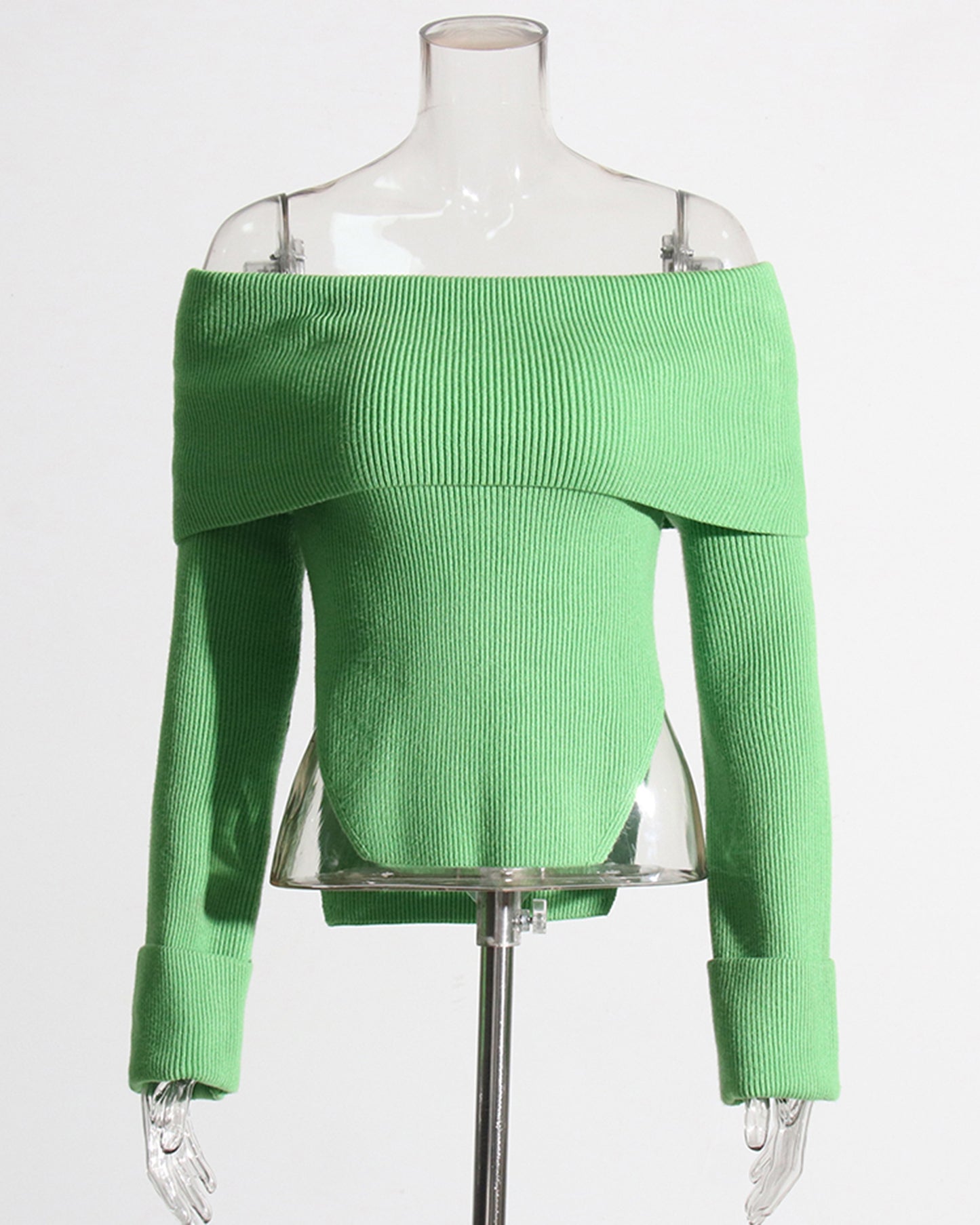 Green Off-the-Shoulder Ribbed Knit Top