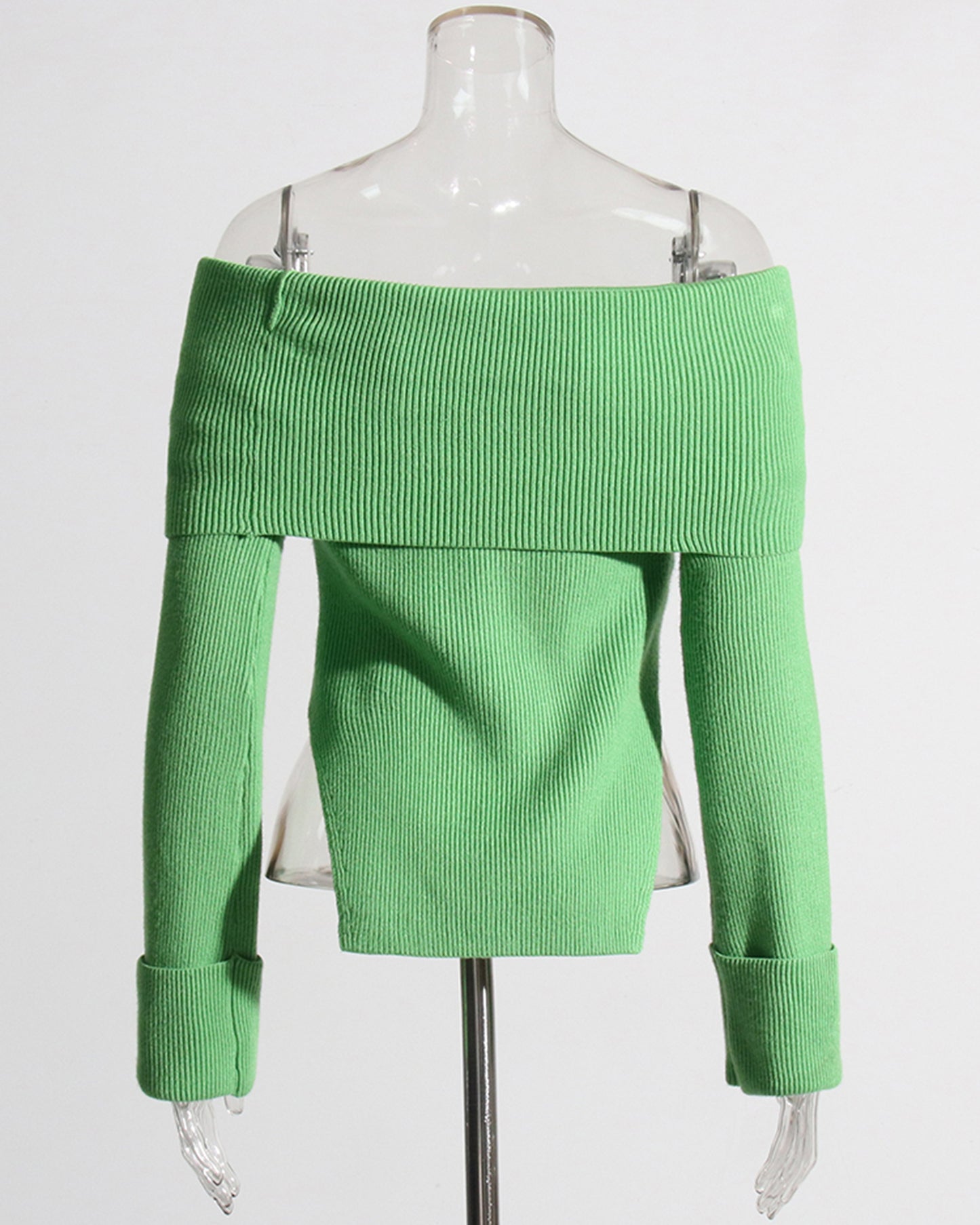 Green Off-the-Shoulder Ribbed Knit Top