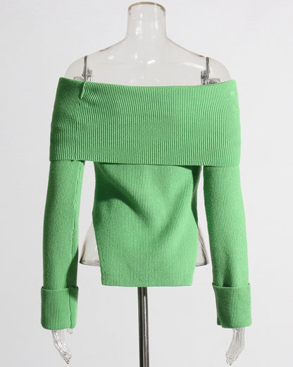 Green Off-the-Shoulder Ribbed Knit Top