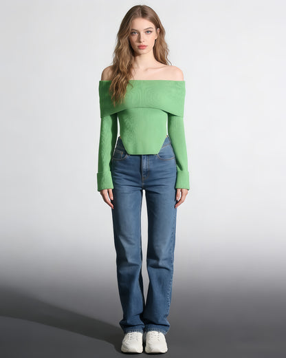 Green Off-the-Shoulder Ribbed Knit Top