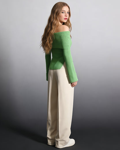 Green Off-the-Shoulder Ribbed Knit Top