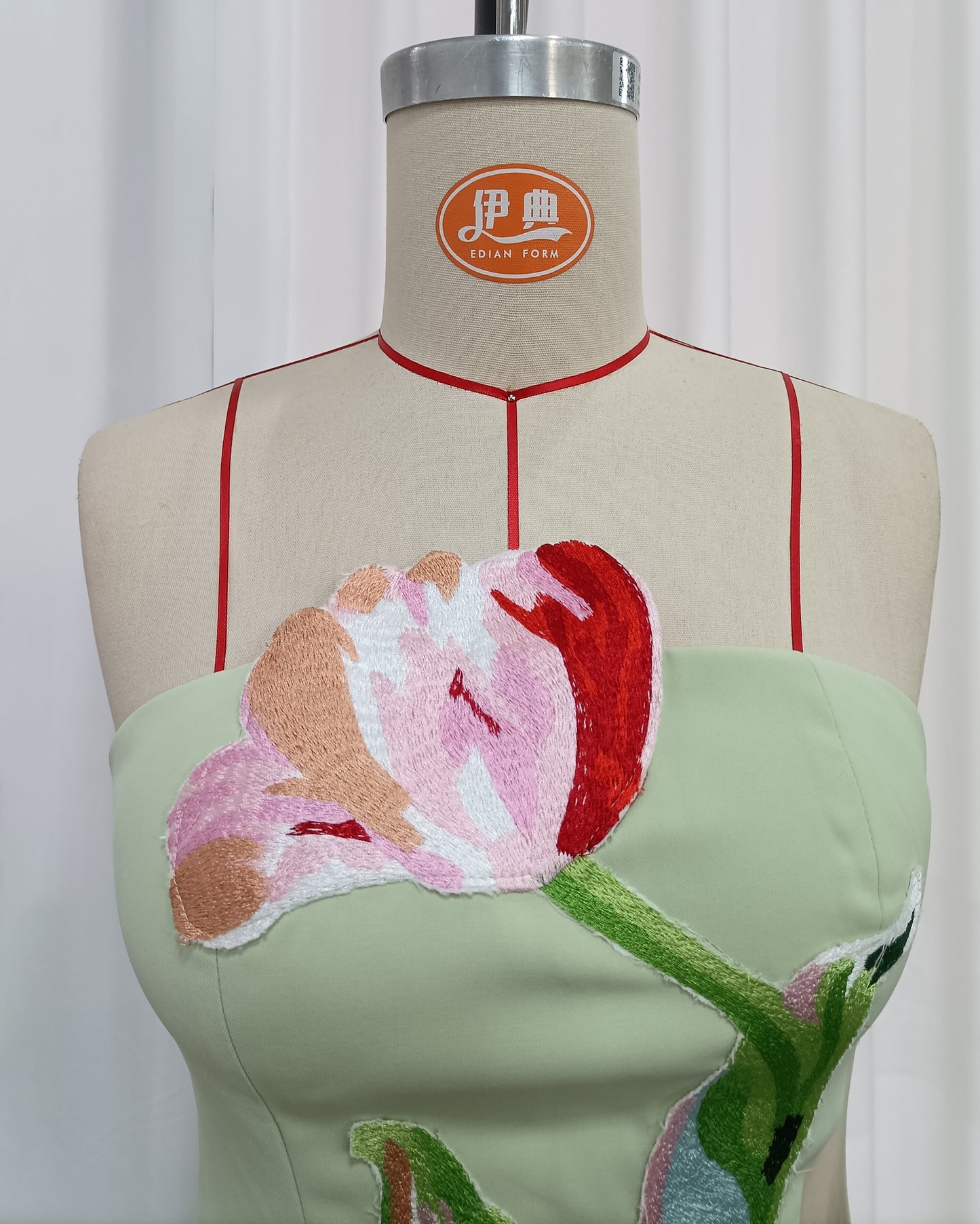 Green Off Shoulder Big Tulip Embroidery Mini Dress