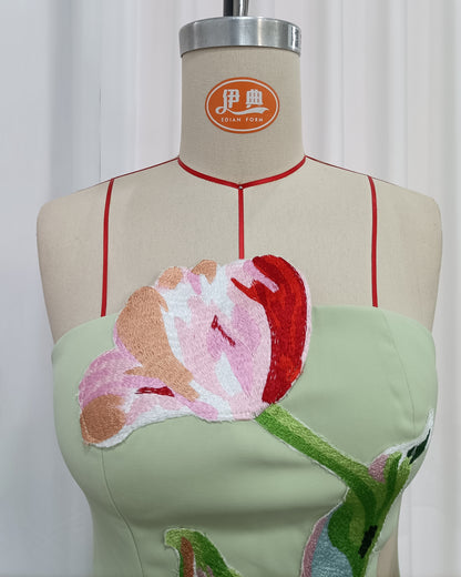 Green Off Shoulder Big Tulip Embroidery Mini Dress