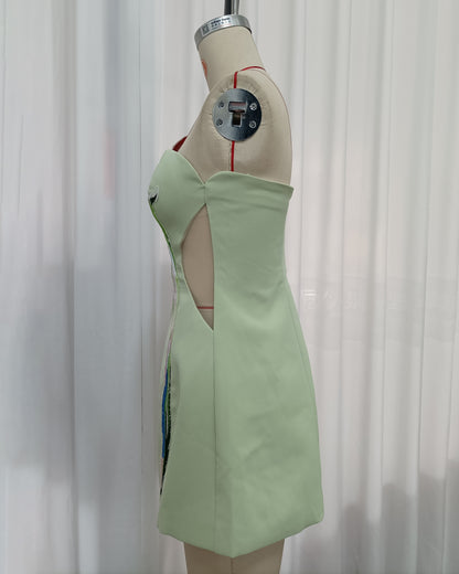 Green Off Shoulder Big Tulip Embroidery Mini Dress